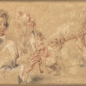 May include: A black and white drawing of three people playing flutes. The drawing is done in a loose style with visible brushstrokes. The people are dressed in 17th century clothing.