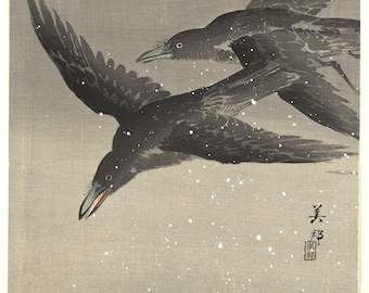 Japanese Art. Fine Art Reproduction. Crows in the Snow, c. 1920s by Takahashi Biho. Fine Art Print