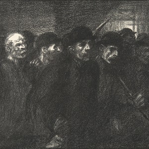 May include: A dark, monochromatic lithograph print depicting a crowd of people in a dimly lit space. The figures are dressed in dark clothing and hats, with visible facial expressions. The artist's signature, Steinlen, is in the lower right corner.
