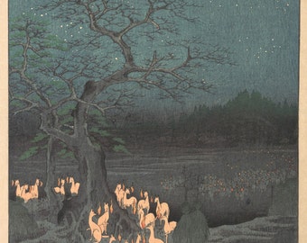 May include: A woodblock print depicting a night scene with a large tree in the foreground. The tree is bare and has many branches. There are many small white dots in the sky, representing stars. In the foreground, there are many small white figures, representing foxes, gathered around the tree. The print is titled "Kitsune no Yume" in Japanese, which translates to "Fox Dream".
