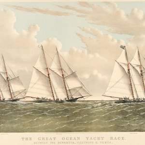 May include: A vintage illustration depicting a yacht race with three sailboats on a choppy sea. The sky is a light blue with fluffy white clouds. The caption reads "THE GREAT OCEAN YACHT RACE. BETWEEN THE "HENRIETTA, FLEETWING & VERTA."