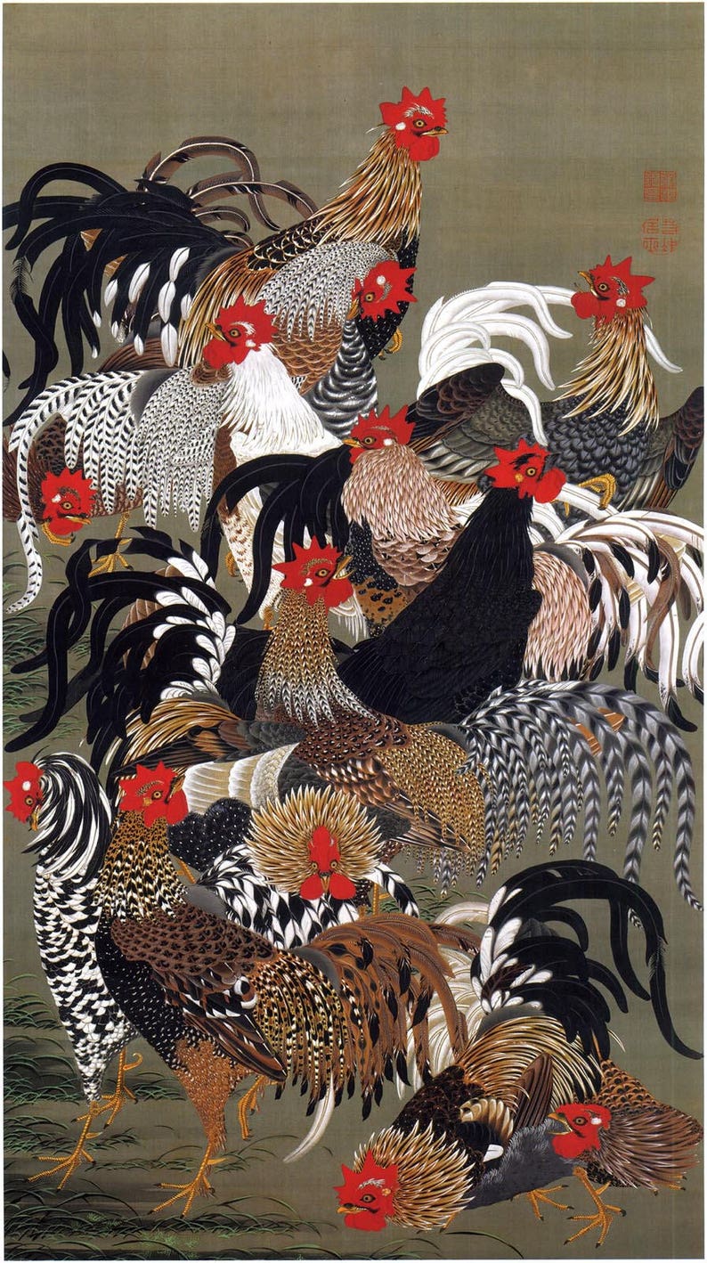 May include: A colorful painting of a group of roosters with intricate patterns and bright red combs. The roosters are arranged in a dynamic composition, with their feathers overlapping and creating a sense of movement. The background is a muted green.