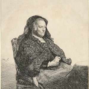 May include: A black and white etching of a woman wearing a fur-trimmed cloak, sitting in a chair. The woman is looking down and her hands are clasped in her lap.