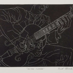 May include: A black and white line drawing of a person playing a guitar. The drawing is in a minimalist style and the person is shown in profile. The text "Guitar Player" and "Fred Becker" are at the bottom of the image.
