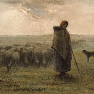 Jean-Francois Millet Reproductions - A Shepherdess and Her Flock, c. 1862. Fine Art Reproduction.
