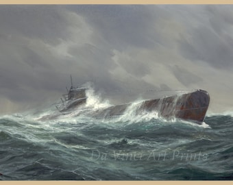 European Drawing Reproduction. U-Boot auf See (Submarine at Sea) by Adolf Bock, 1943.  Fine Art Reproduction.