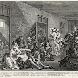 May include: A black and white engraving depicting a scene of chaos and revelry in a prison. The image shows a group of people, some dressed in fine clothing, others in rags, engaged in various activities, including dancing, playing music, and gambling. The scene is filled with a sense of energy and excitement, but also a sense of desperation and despair.