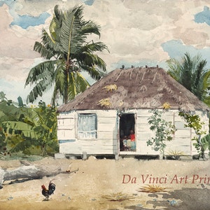 May include: A watercolor painting of a white, thatched-roof hut with a palm tree in the foreground. The hut has a door open, revealing a glimpse of a person inside. The sky is a light blue with white clouds.