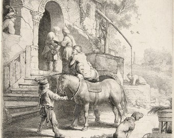 Reproductions of Rembrandt Etchings. The Good Samaritan at the Inn, 1633. Rembrandt van Rijn, Fine Art Print.