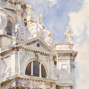 May include: A watercolour painting depicting a white building with elaborate details and sculptures. The building is set against a blue sky with white clouds. The painting captures the architectural beauty of the building.
