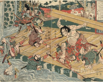 Japanese Art. Woodblock Reproductions: Samurai Chinezi Tametomo overcomes his enemies c.1870, Fine Art Print
