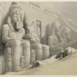 May include: A black and white drawing of a large stone temple with four colossal statues carved into the facade. The statues are of pharaohs with elaborate headdresses and facial features. The temple is set against a mountainous backdrop.