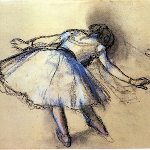 May include: A black and white chalk drawing of a ballerina in a white tutu with a blue sash, performing a pose with her head tilted back and her arms outstretched.