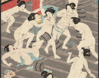 Japanese Art. Fine Art Reproduction. Brawl in the Ladies Bath, 1868 - Kunichika. Fine Art Print