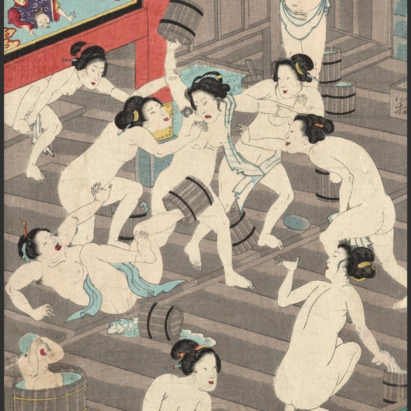 Japanese Art. Fine Art Reproduction. Brawl in the Ladies Bath, 1868 - Kunichika. Fine Art Print