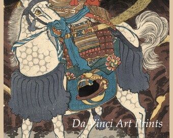 Japanese Art. Samurai Woodblock Print Reproductions: Samurai on horseback with a sword by Utagawa Kuniyoshi, c. 1848. Fine Art Print