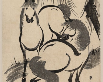 Japanese Art. Fine Art Reproduction. Two Horses Beneath a Willow Tree (Ryuka no uma). Fine Art Print