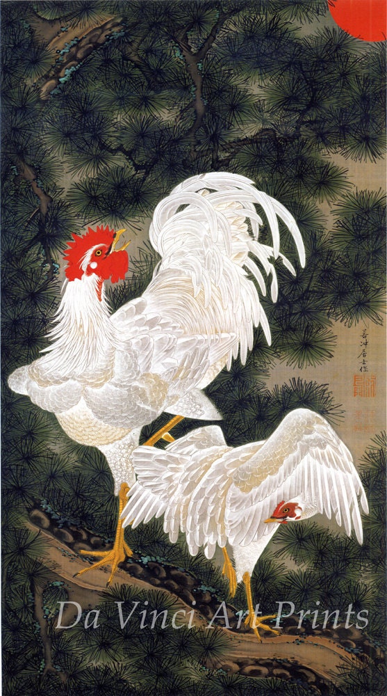 Japanese Art. Fine Art Reproduction. White Rooster an Hen on Pine