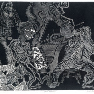 May include: A black and white woodcut print of a jazz band playing. The band consists of a clarinet player, a pianist, a trombone player, and a bass player. The print is titled "Jazz Session" and signed by the artist, Fred Becker.