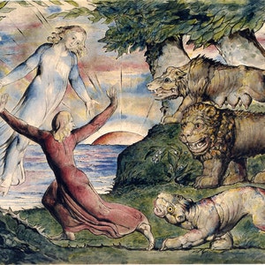 May include: A watercolor painting depicting a woman in a red dress reaching up towards a figure in a blue robe. The figure is surrounded by a starry sky. In the foreground, there are three mythical creatures: a lion, a wolf, and a dog-like creature.