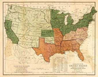 Civil War Map Reproduction. A General Map of the United States showing Slave and Free States, 1857. Fine Art Print