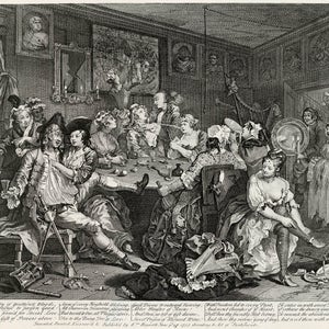 May include: A black and white engraving depicting a group of people gathered around a table, some playing music, others drinking and socializing. The scene is chaotic and lively, with people in various states of dress and undress. The engraving is titled "The Rake's Progress" and is a satirical commentary on the excesses of 18th-century English society.