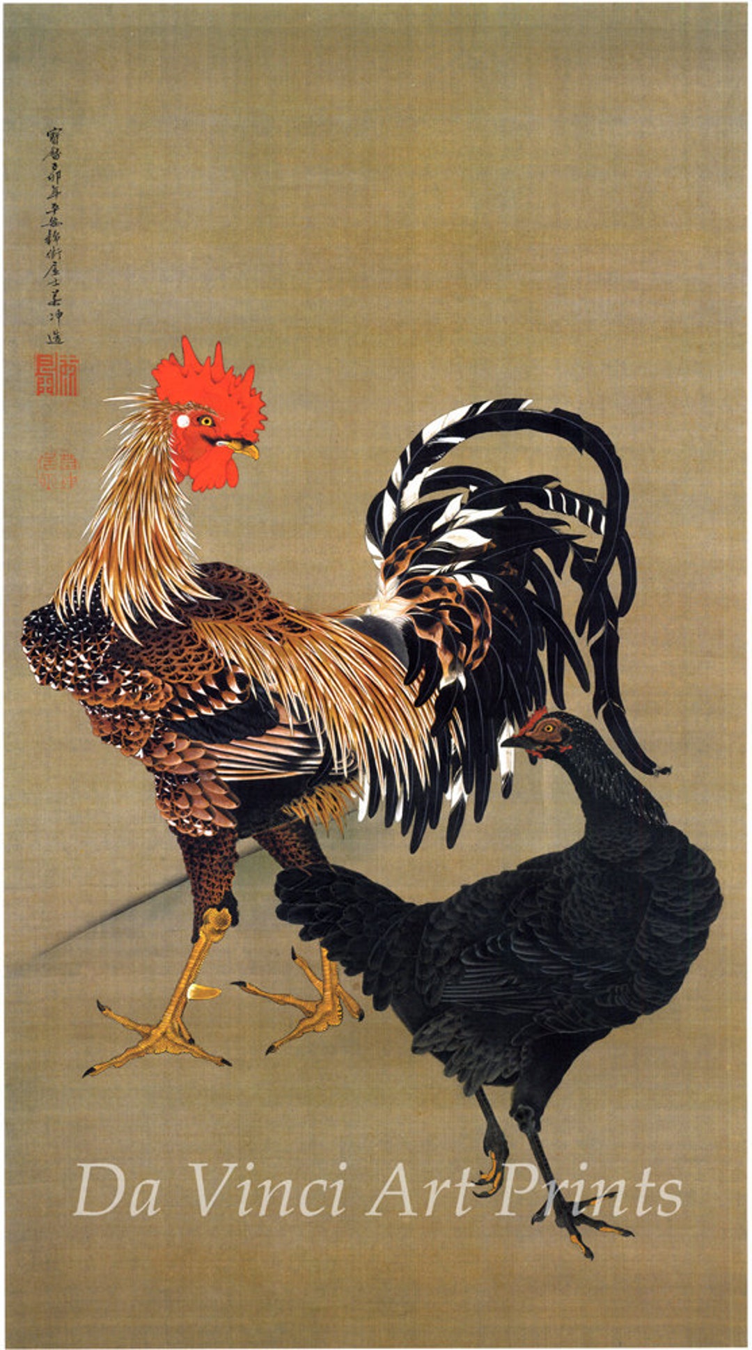Japanese Art. Fine Art Reproduction. Rooster and Hen, C.1760 by