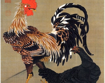 Japanese Art. Fine Art Reproduction. Rooster and Hen, C.1760 by