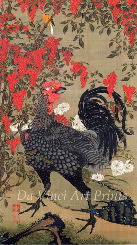 Japanese Art. Fine Art Reproduction. Black Rooster and Nandina, C