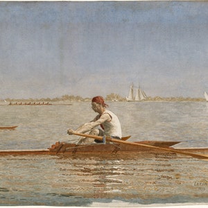 May include: A watercolor painting of a single sculler rowing on a lake. The sculler is wearing a red bandana and a white tank top. The lake is calm and the sky is blue. There are two sailboats in the distance.