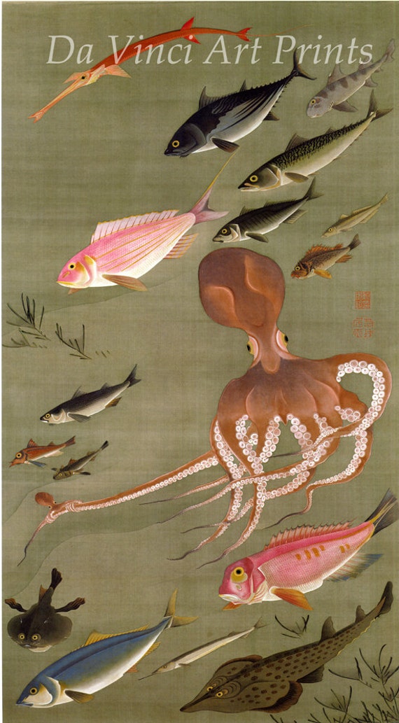 Japanese Art Fine Art Reproduction Octopus And Fish C 1760 Etsy
