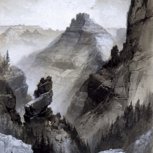 May include: A black and white watercolour painting depicting a mountainous landscape with a rocky cliff face in the foreground. The painting features a deep canyon with a distant mountain range in the background. The sky is a light grey with a few clouds.