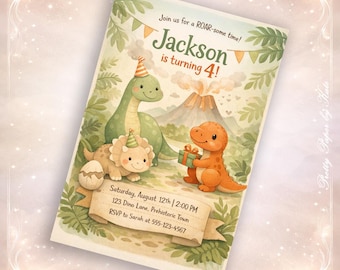 Dinosaur Birthday Invitation, Pastel Storybook Dino Party Invite (Digital Delivery)