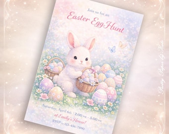 Easter Egg Hunt Invitation, Pastel Bunny Birthday Invite, Spring Garden Party (Digital Download)