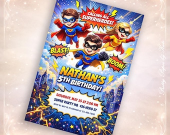 Superhero Birthday Invitation, Comic Book Party Invite, Kids Action Hero (Digital Delivery)