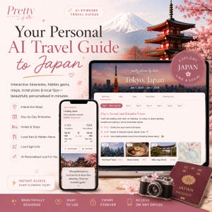May include: A digital travel guide to Japan, featuring a laptop, smartphone, and passport. The guide displays itineraries, maps, and local tips. A camera and cherry blossoms are also included, with text that reads "Explore Japan Like a Local."
