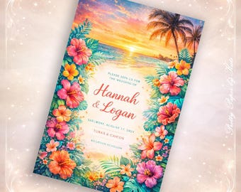 Tropical Destination Wedding Invitation, Sunset Beach Floral Invite, Hibiscus Palm Island Wedding (Digital Delivery)