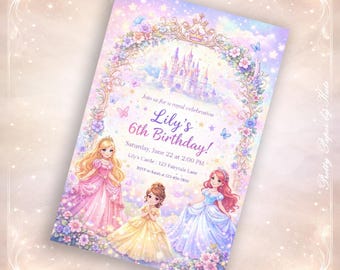 Fairytale Princess Birthday Invitation, Pastel Rainbow Castle Party Invite (Digital Delivery)