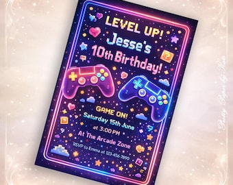 Retro Gaming Birthday Invitation, 8-Bit Pixel Neon Arcade Party (Digital Delivery)