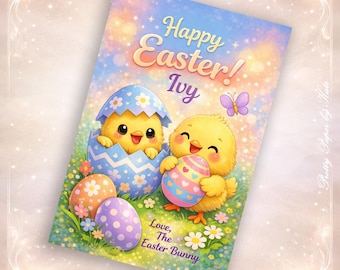 Personalised Easter Chick Card, Pastel Spring Garden, Easter Bunny Message (Digital Download)