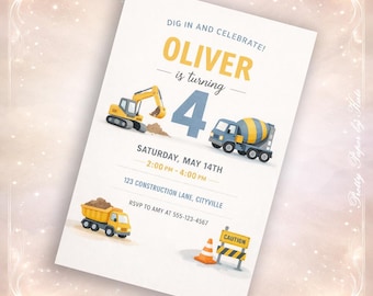 Construction Birthday Invitation, Digger Truck Party Invite, Boys Digital Download