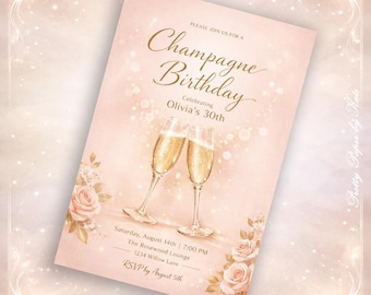 Elegant Champagne Birthday Invitation, Blush Pink Gold, Luxury Party (Digital Delivery)