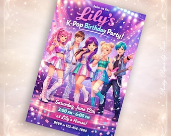 K-Pop Birthday Invitation, Neon Concert Theme, Girl Band Party Invite (Digital)