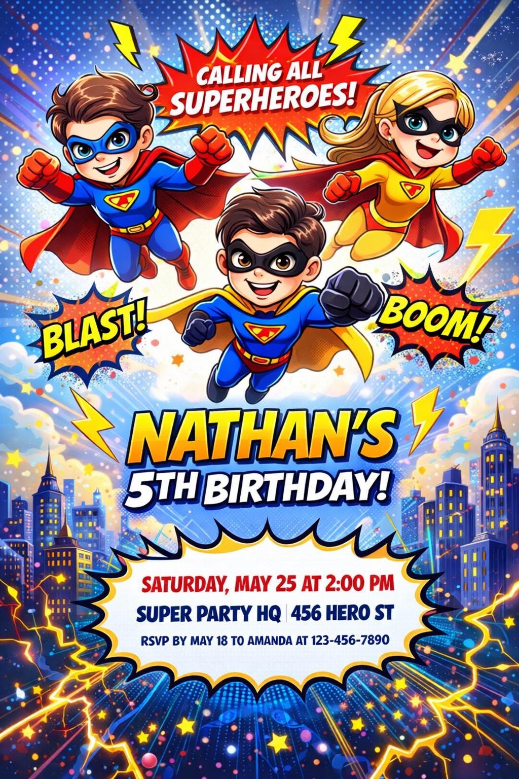 Superhero Birthday Invitation, Comic Book Party Invite, Kids Action ...