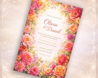 Floral Wedding Invitation, Pink Coral Gold Botanical Garden Party Invite (Digital Delivery)
