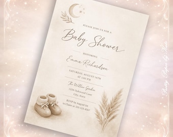 Neutral Baby Shower Invitation, Minimal Beige Botanical Design (Digital Download)