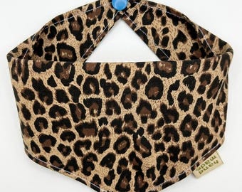 Brown Leopard Cotton Dog Bandana – Blue Snap Closure, Handmade Pet Accessory