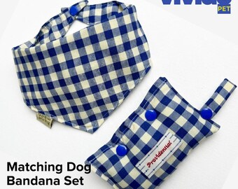 Blue Gingham Dog Bandana and Poop Bag Holder Set: Soft Cotton, Handmade in Thailand