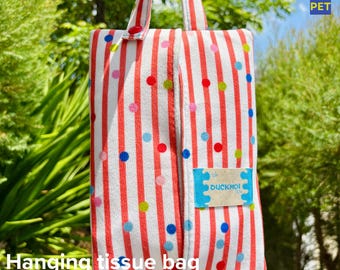 Handmade Cotton Tissue Holder: Red Stripe Polka Pouch, Snap Button Closure, Easy Open Slot