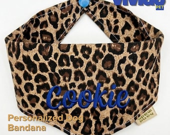 Personalized embroidered dog headbands, leopard print cotton pet scarves, customizable with name embroidery.